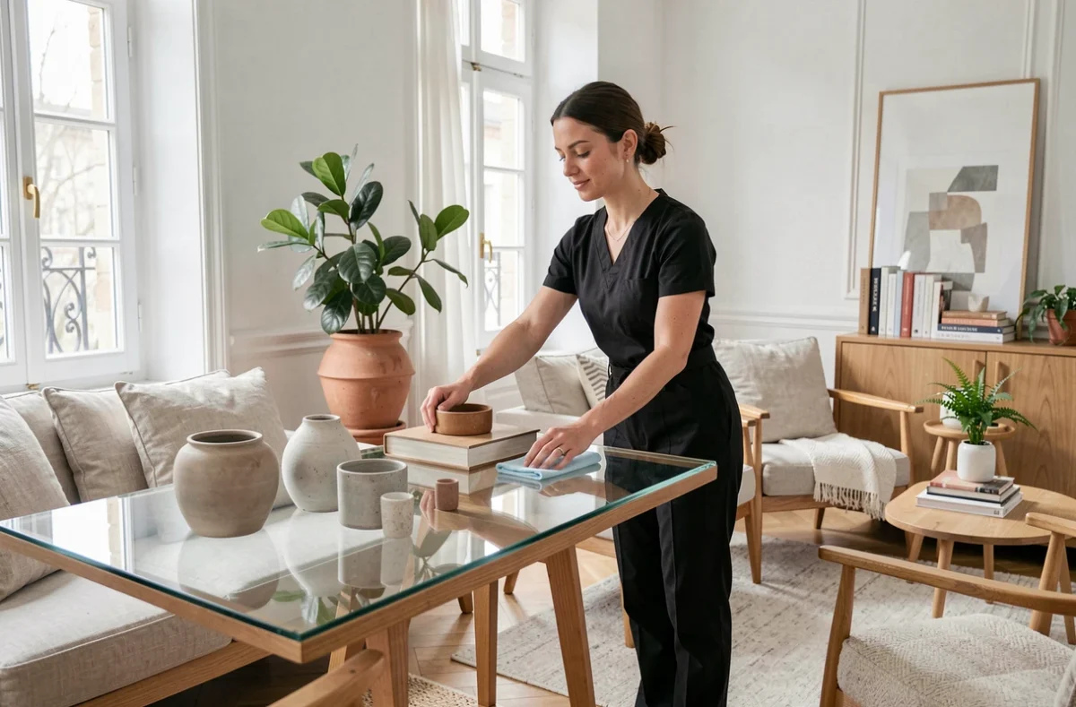 Un expert 5Stager nettoyant et organisant un intérieur haut de gamme pour une mise en valeur immobilière