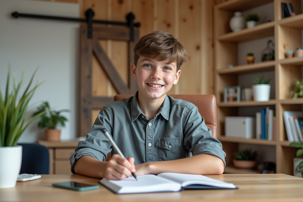Adolescent concentré à son bureau dans un espace moderne