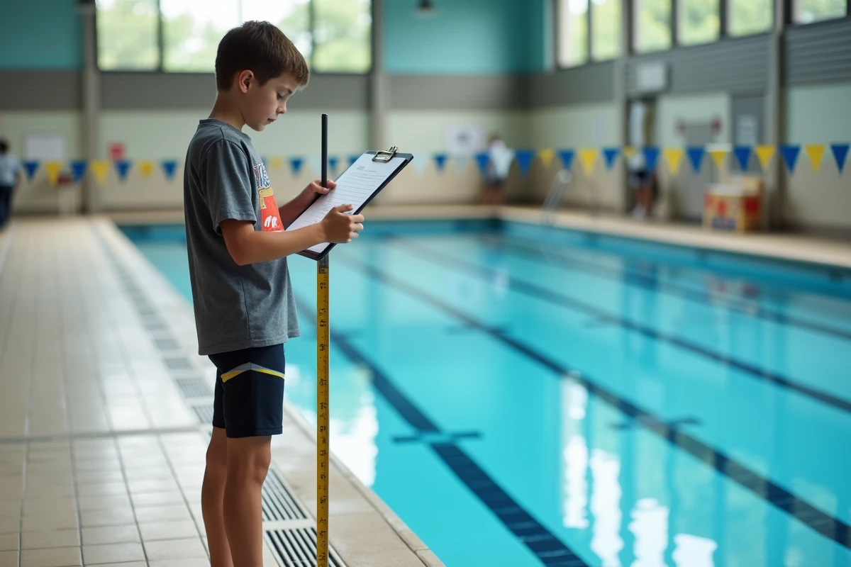Adolescent mesurant la piscine en intérieur avec un ruban