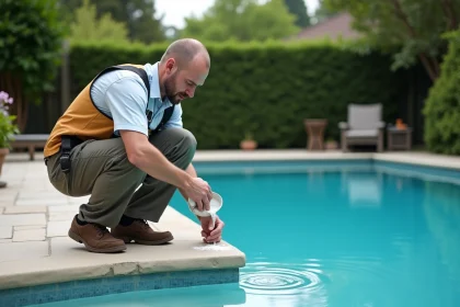 Agent d'entretien de piscine versant du javel dans une grande piscine extérieure