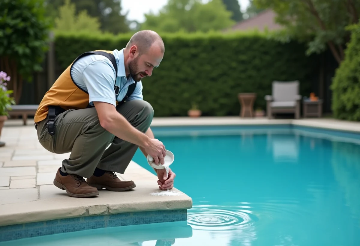 Agent d'entretien de piscine versant du javel dans une grande piscine extérieure