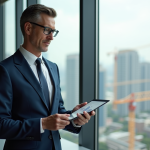 Prévisions immobilier 2025 : tendances et analyses à connaître ! Agent immobilier homme d age moyen en costume bleu regardant des données