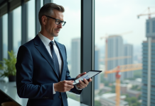 Prévisions immobilier 2025 : tendances et analyses à connaître ! Agent immobilier homme d age moyen en costume bleu regardant des données