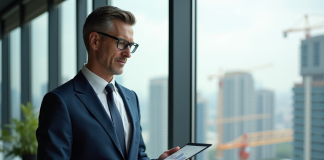 Agent immobilier homme d age moyen en costume bleu regardant des données