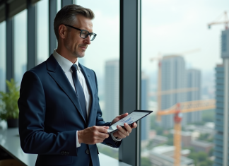 Prévisions immobilier 2025 : tendances et analyses à connaître ! Agent immobilier homme d age moyen en costume bleu regardant des données