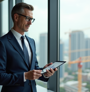 Prévisions immobilier 2025 : tendances et analyses à connaître ! Agent immobilier homme d age moyen en costume bleu regardant des données