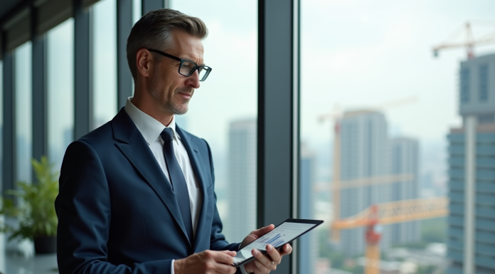 Prévisions immobilier 2025 : tendances et analyses à connaître ! Agent immobilier homme d age moyen en costume bleu regardant des données