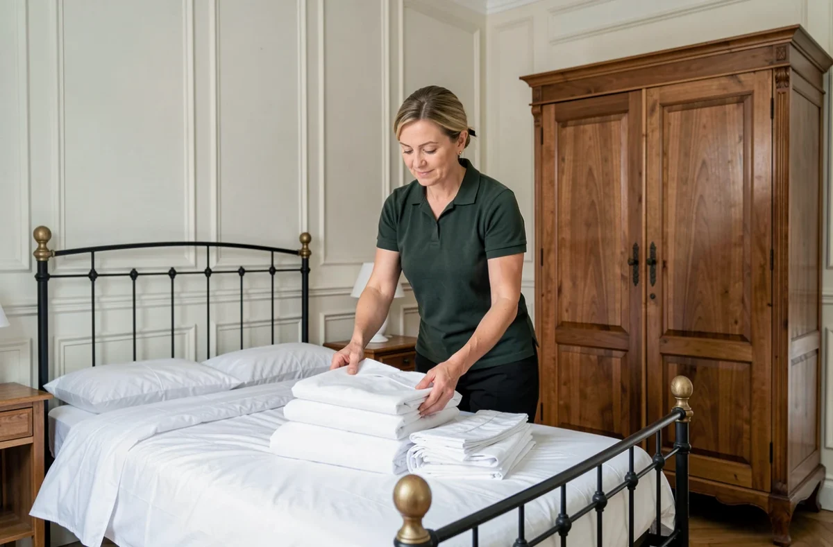 Aide ménagère pliant du linge propre dans une chambre à coucher parisienne élégante et classique