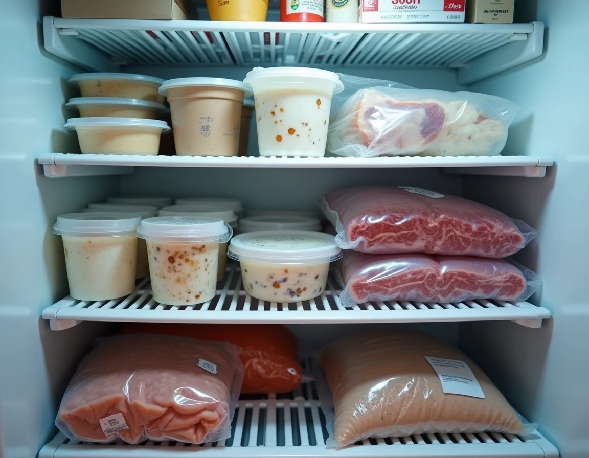 Intérieur d'un congélateur ouvert avec des aliments congelés partiellement dégelés et des emballages humides, illustrant les risques alimentaires lors d'une coupure de courant