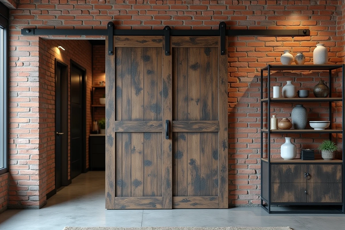Ancienne porte en bois récupérée montée sur rail industriel dans un loft avec murs en briques apparentes