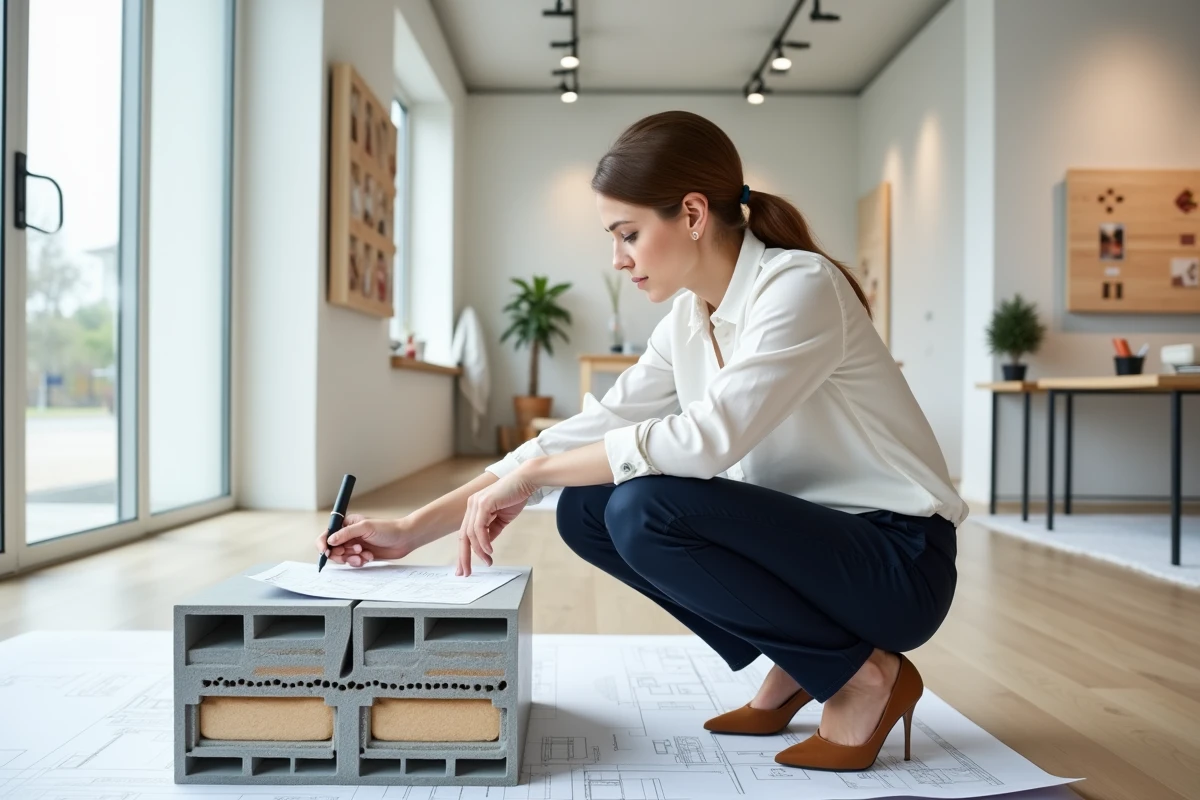 Architecte présentant la coupe transversale d'une cloison demi-stil avec couche isolante dans un showroom de rénovation