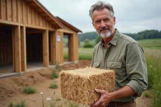 Architecte examinant matériaux écologiques en extérieur
