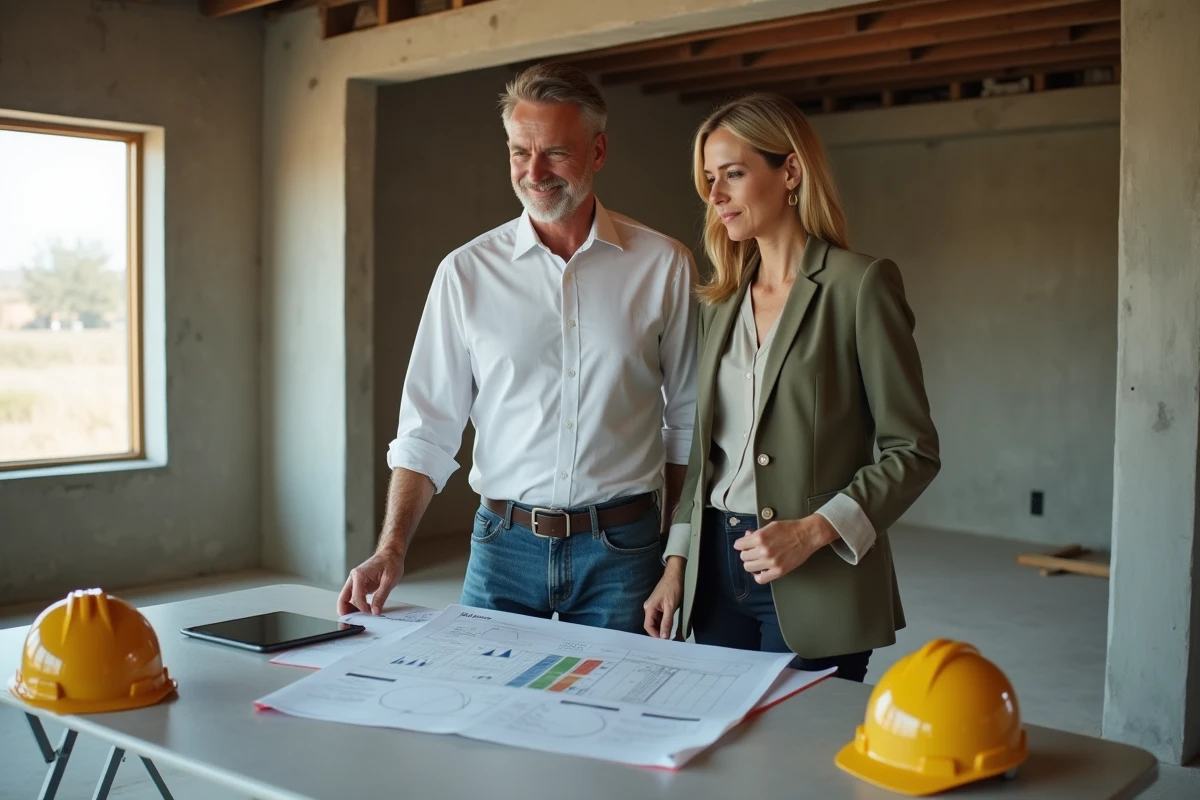 Architecte et designer discutant d'un devis de rénovation sur un chantier en Belgique