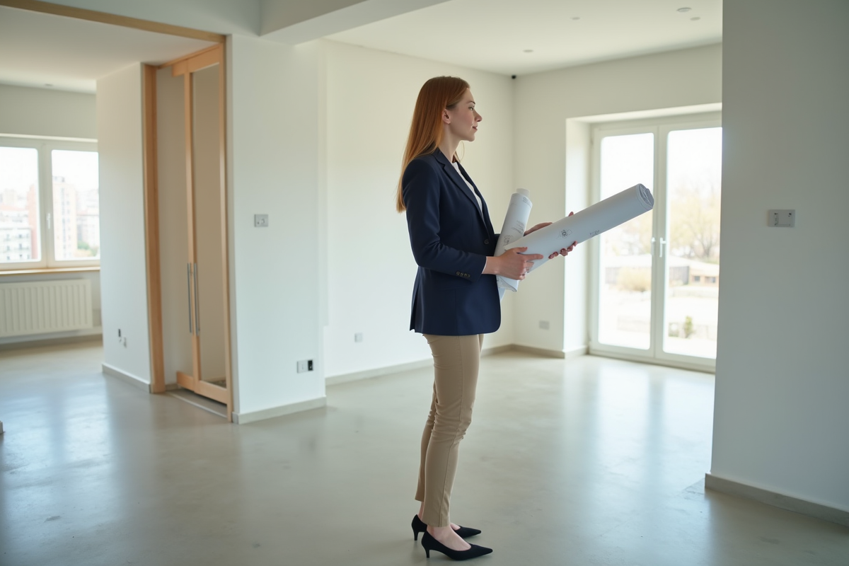 Jeune architecte inspecte un sol en beton poli dans une maison moderne