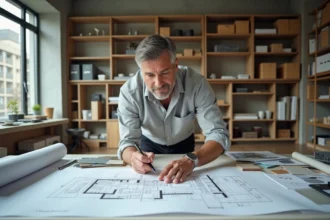 Architecte d'intérieur étudiant des plans de maison sur table à dessin dans un studio de conception moderne