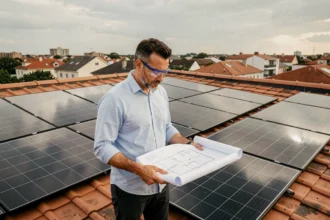 Architecte examinant des plans techniques de panneaux solaires sur un toit résidentiel avec installation photovoltaïque