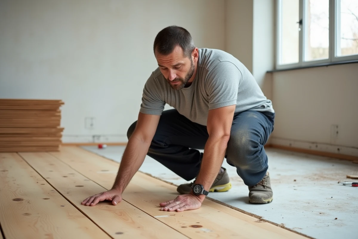 Artisan examinant la qualité d'une lame de parquet massif en pin lors de la pose dans une pièce en rénovation