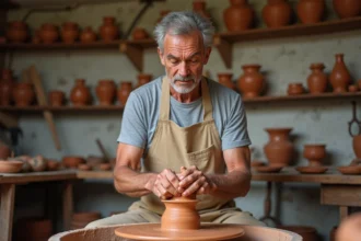 Artisan potier de la Poterie BECK à Soufflenheim façonnant de l'argile alsacienne sur un tour de poterie traditionnel