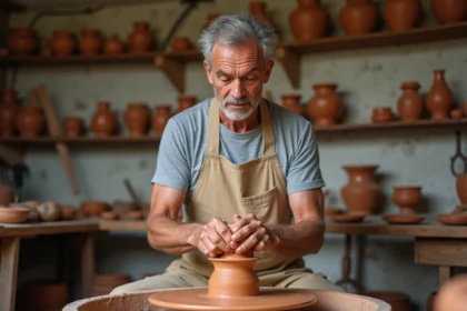 Artisan potier de la Poterie BECK à Soufflenheim façonnant de l'argile alsacienne sur un tour de poterie traditionnel