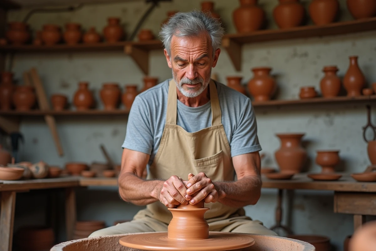 Artisan potier de la Poterie BECK à Soufflenheim façonnant de l'argile alsacienne sur un tour de poterie traditionnel
