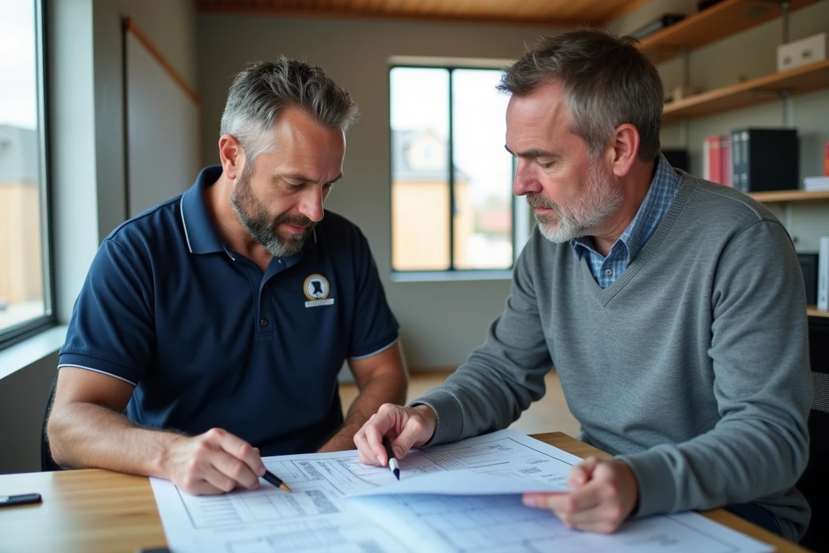 Artisan et propriétaire examinant ensemble un devis travaux détaillé posé sur un bureau de chantier avec des plans de rénovation