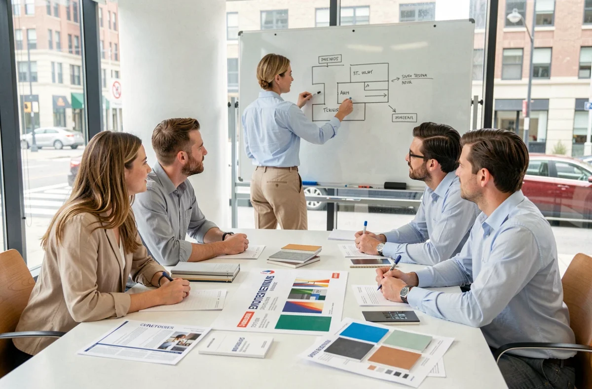 Atelier de stratégie design réunissant des professionnels autour de la planification de la communication intérieure lors d'une refonte de locaux d'entreprise