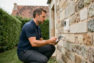 Auditeur énergétique inspectant l'isolation d'une maison en pierre avec une tablette numérique lors d'un diagnostic énergétique