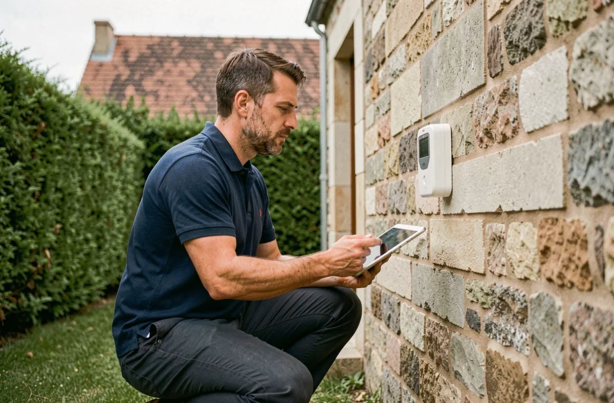 Auditeur énergétique inspectant l'isolation d'une maison en pierre avec une tablette numérique lors d'un diagnostic énergétique