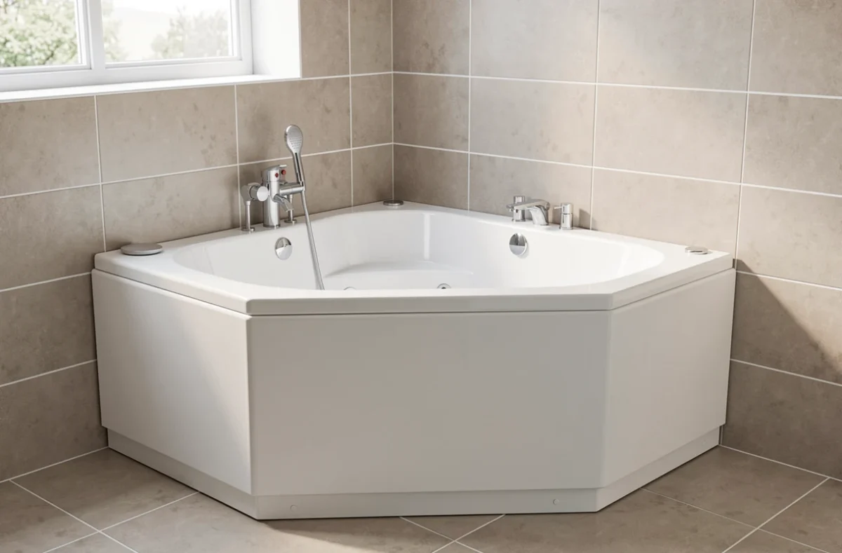 Baignoire d'angle double dans une salle de bain claire
