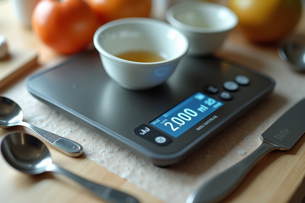 Balance de cuisine affichant 2000 ml avec ustensiles