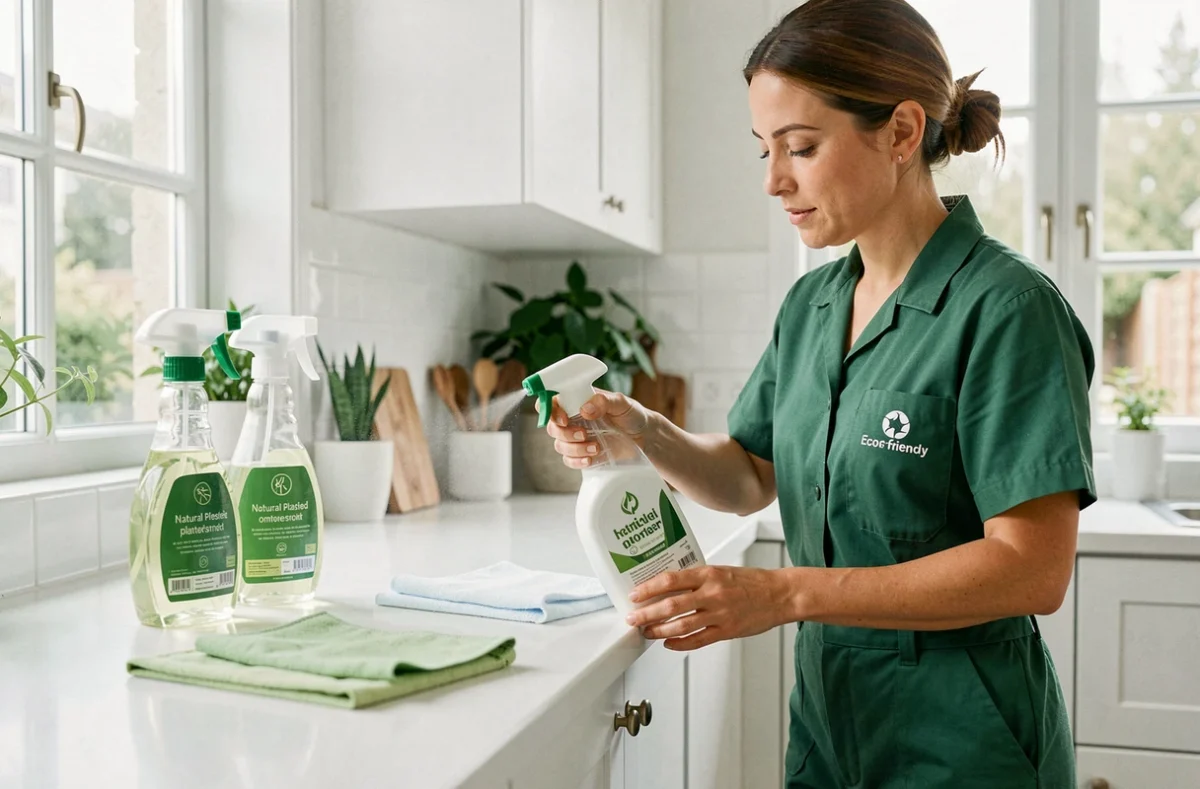 Un professionnel de Bio Nettoyage utilisant des produits écologiques pour nettoyer une cuisine