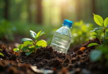 Bouteille en plastique à moitié enfouie dans le sol forestier