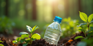Bouteille en plastique à moitié enfouie dans le sol forestier