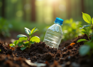 Bouteille en plastique à moitié enfouie dans le sol forestier