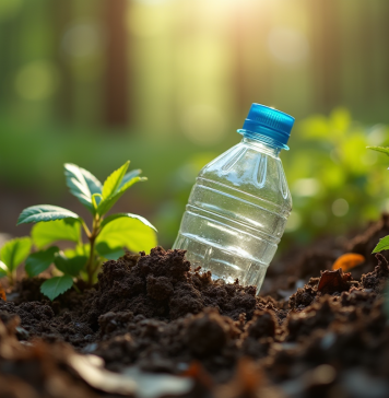 Bouteille en plastique à moitié enfouie dans le sol forestier