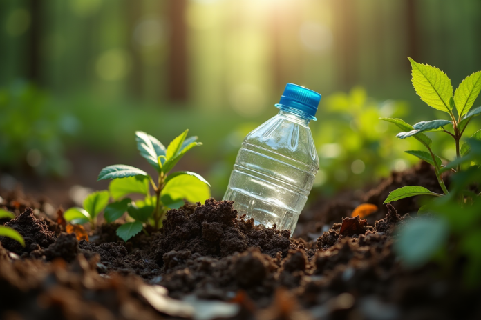 bouteille-plastique-nature-sol Bouteille en plastique à moitié enfouie dans le sol forestier