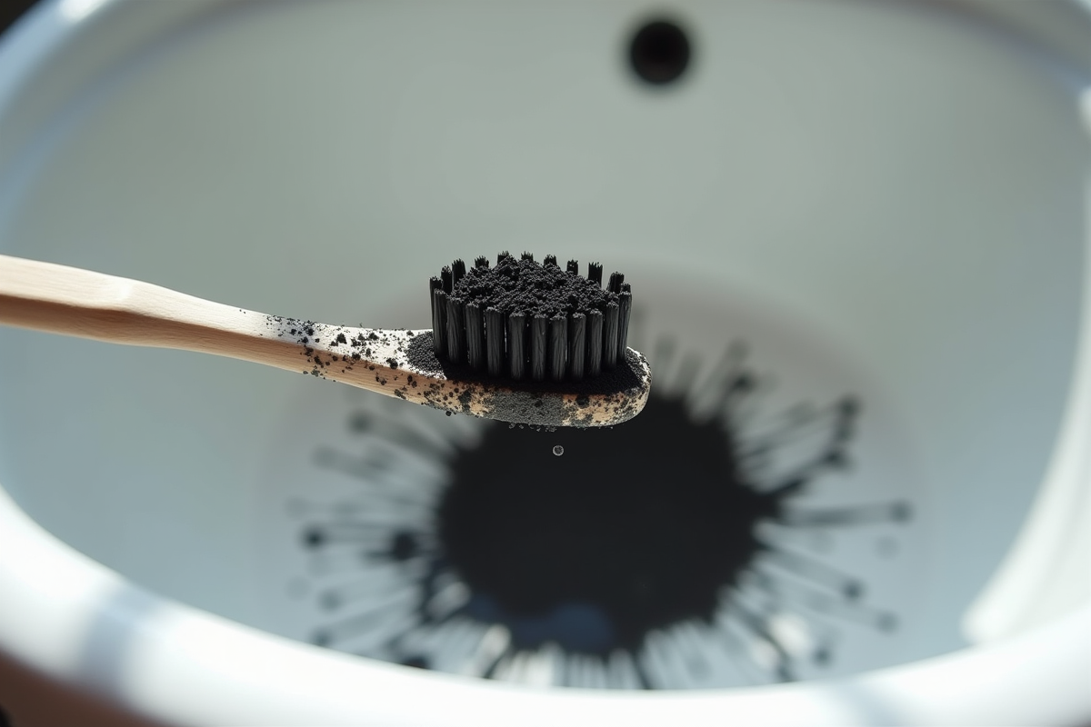 Brosse à dents couverte de poudre de charbon actif dans un lavabo blanc