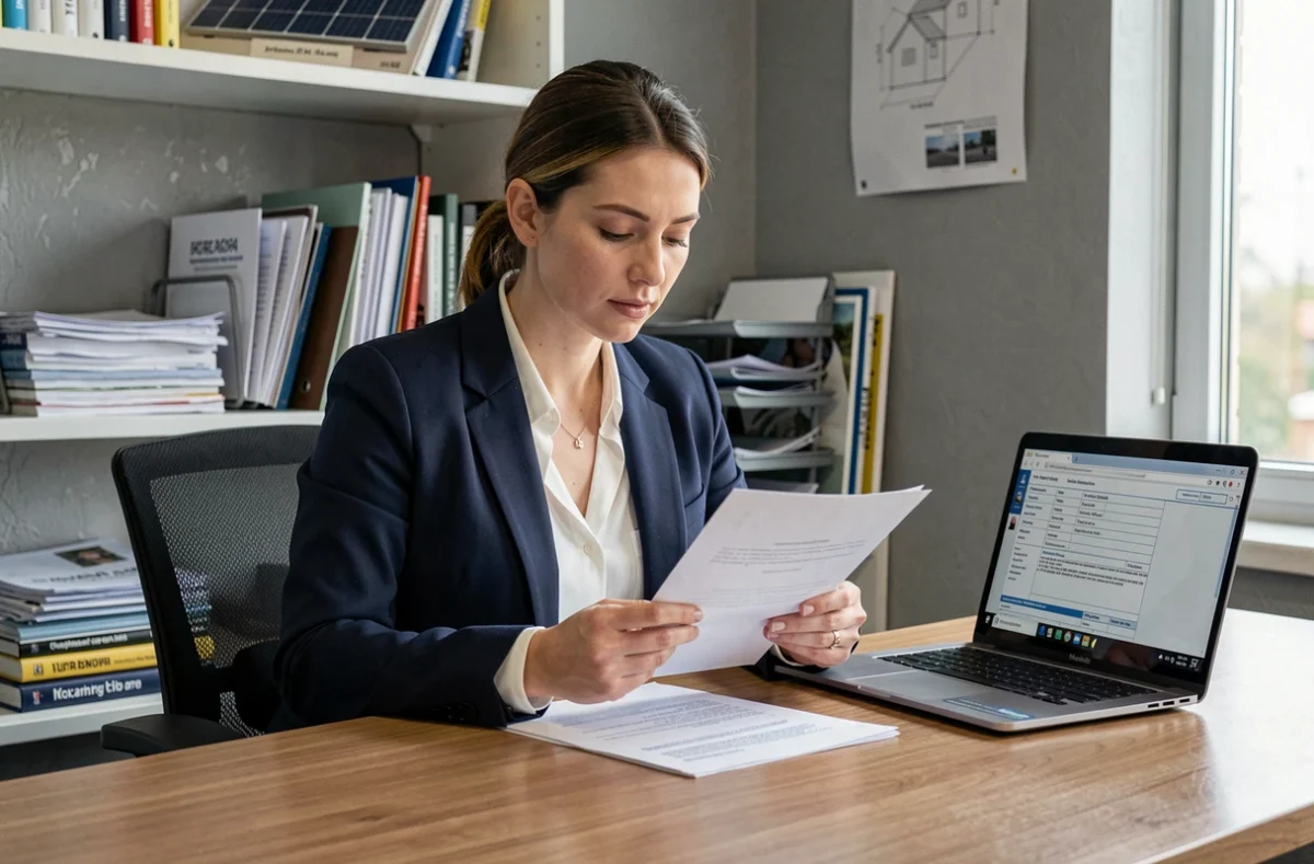 Professionnelle en bureau municipal consultant un document réglementaire sur les permis d'installation de panneaux solaires