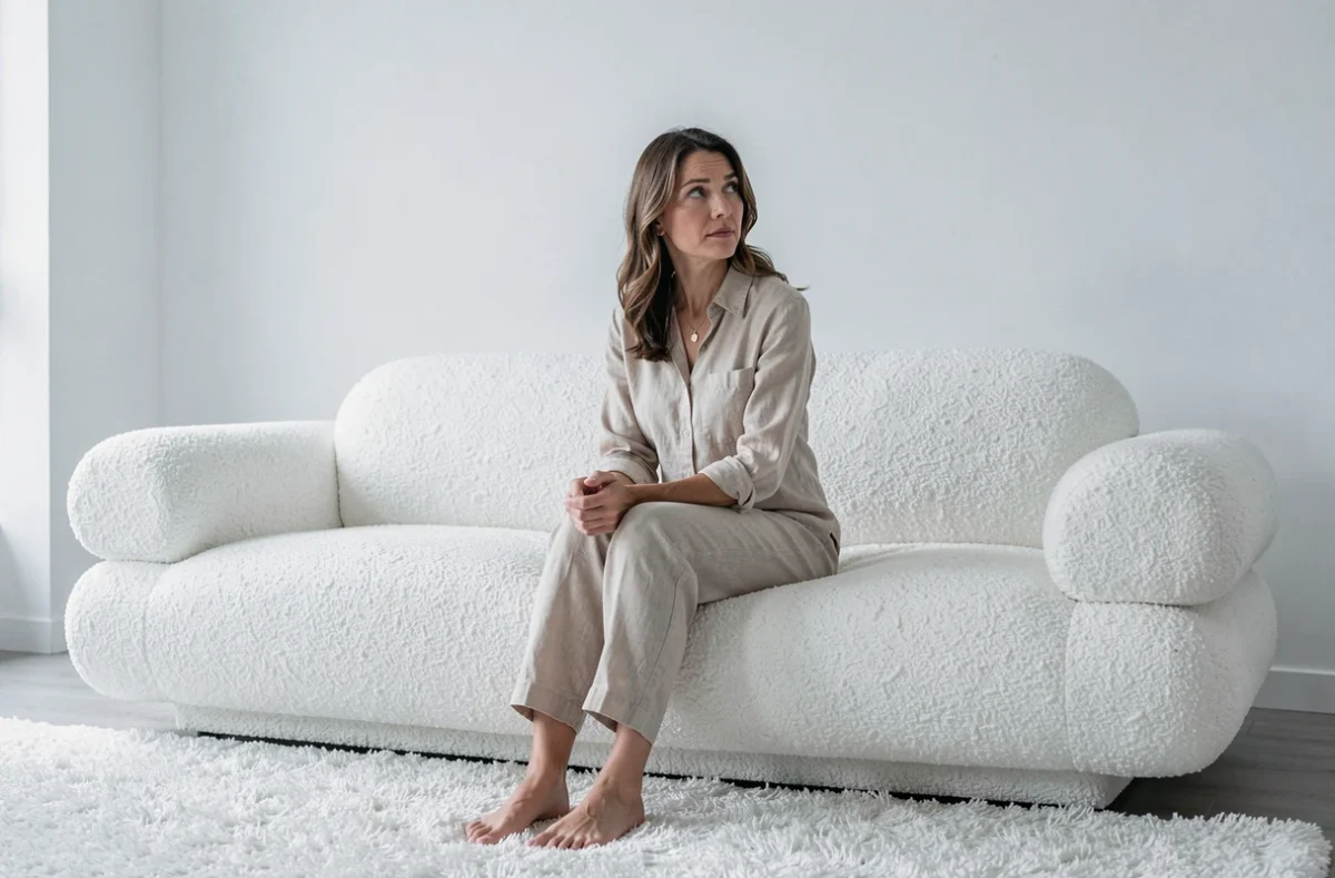 Femme assise sur un canapé nuage blanc bouclé fondu dans un mur blanc uniforme, erreur de contraste décoratif dans un appartement moderne