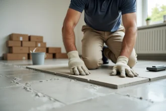 Carreleur professionnel posant du grand format en carrelage céramique sur un sol en béton avec mortier-colle