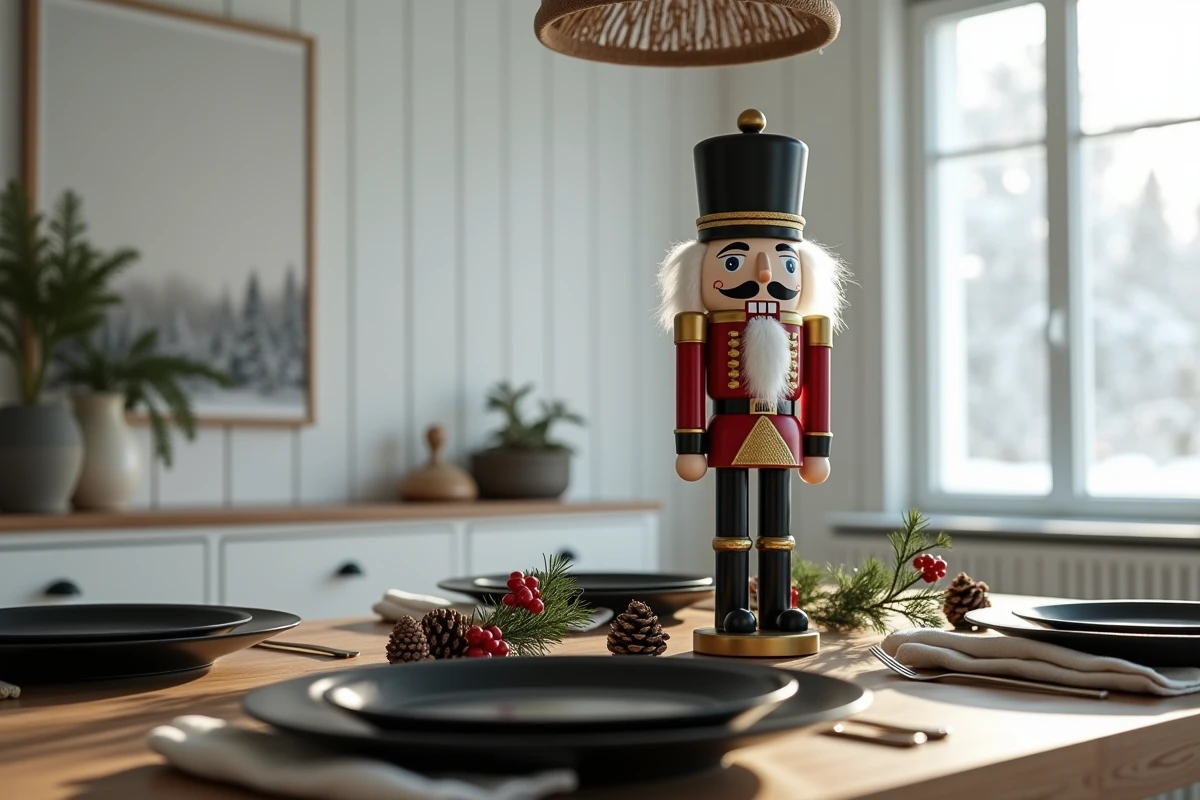 Gros plan d'un casse-noisette doré en centre de table sur une décoration de Noël scandinave épurée