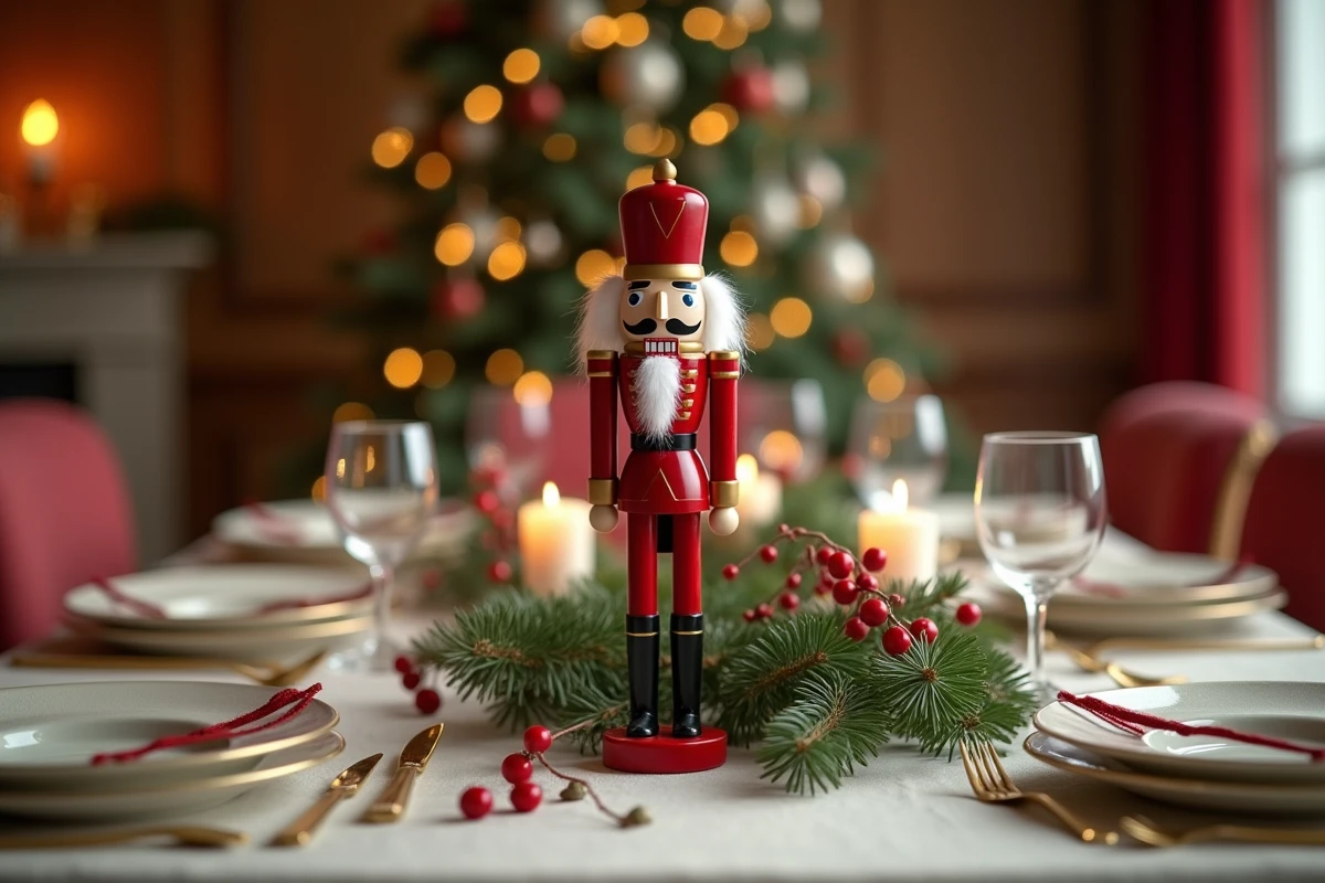 Casse-noisette en bois décorant une table de Noël avec branches de sapin, bougies blanches et vaisselle dorée