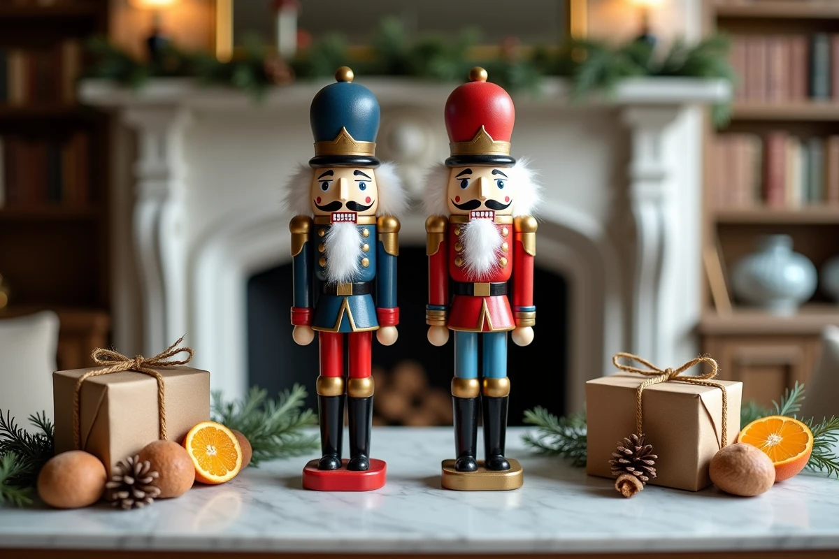 Deux casse-noisettes de Noël posés sur un manteau de cheminée avec décorations naturelles et cadeaux emballés