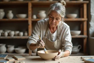 Céramiste appliquant une superposition d'émail sur un bol en céramique brute dans un atelier de poterie artistique