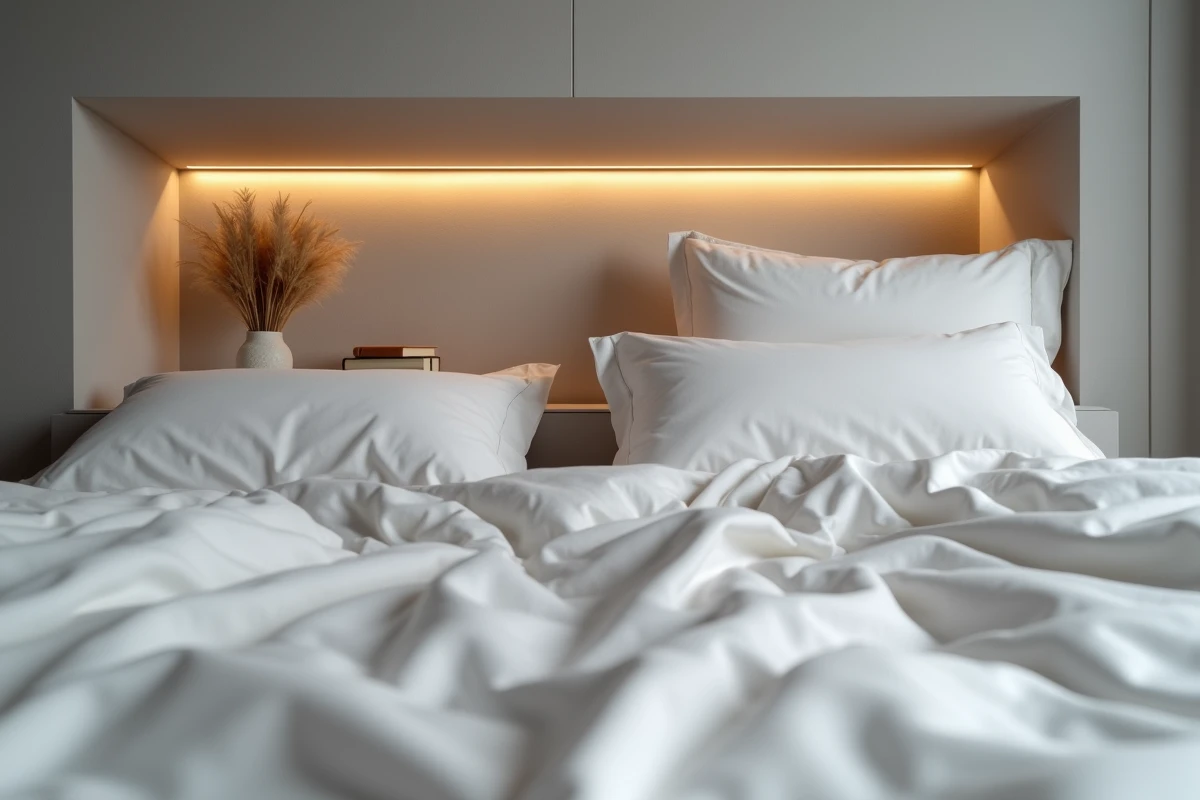 Détail de niche de tête de lit avec ruban LED blanc chaud, livres et vase décoratif dans une chambre minimaliste