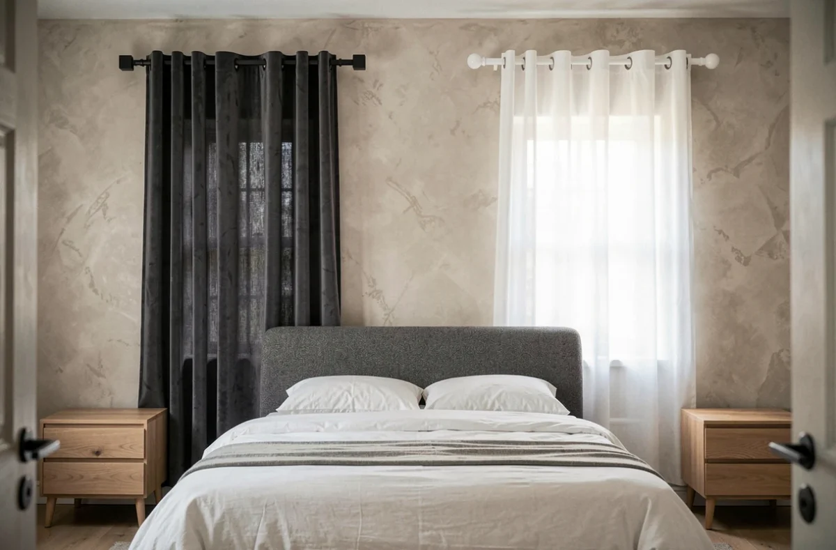 Chambre à coucher avec tringle noire et tringle blanche illustrant l'assortiment de coloris pour des rideaux velours et coton