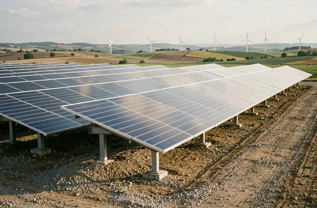 Champ de panneaux solaires 400 Wc en installation au sol dans une zone agricole rurale