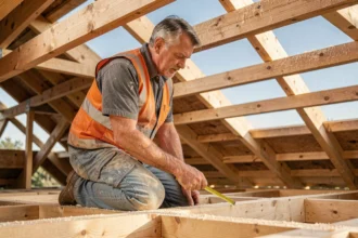 Charpentier inspectant la structure de charpente en bois d'une maison de 100m2 en cours de construction