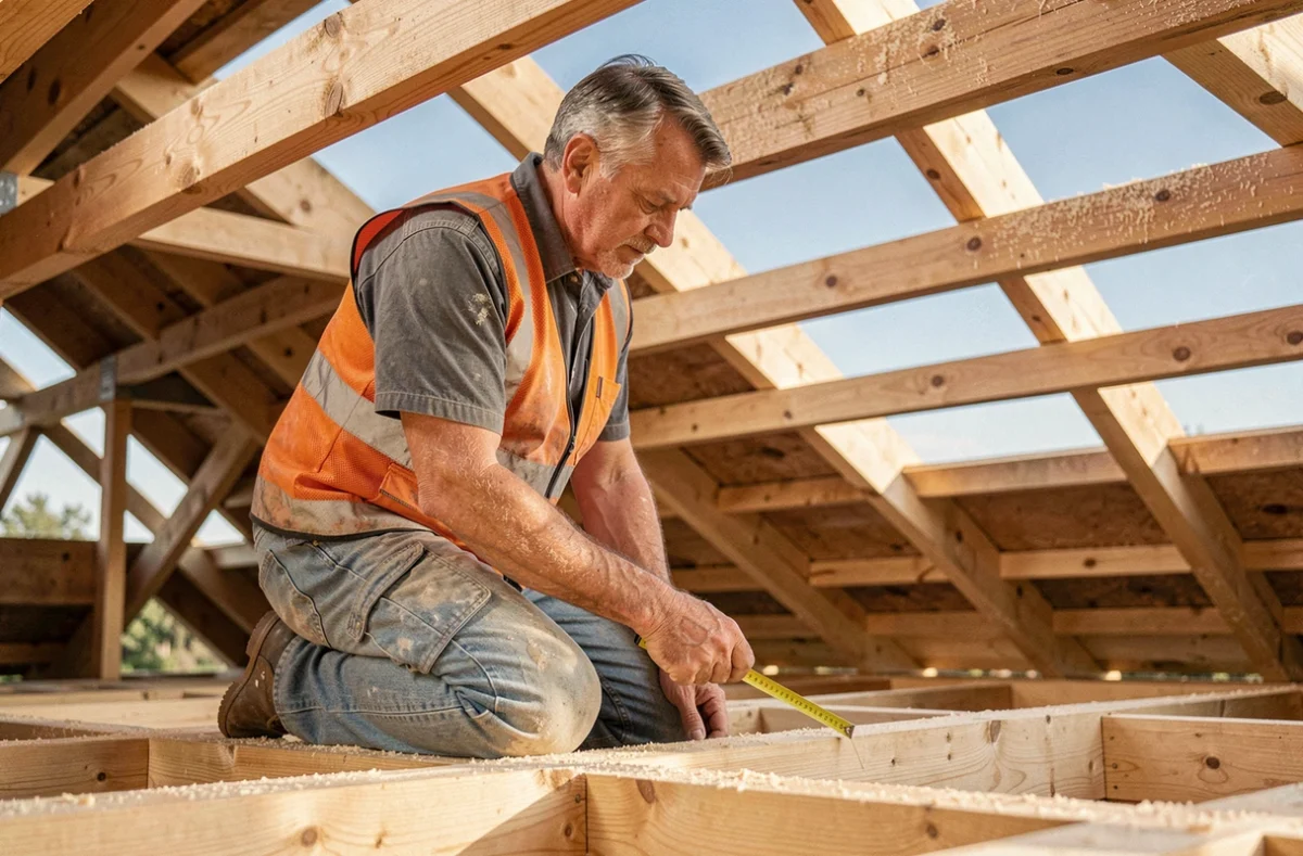 Charpentier inspectant la structure de charpente en bois d'une maison de 100m2 en cours de construction