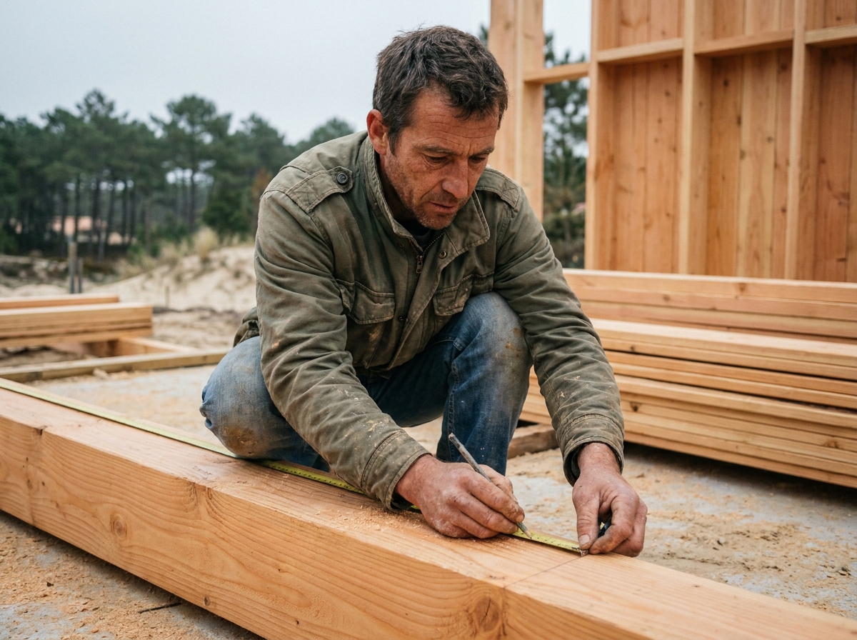 Charpentier mesurant une poutre en bois Douglas sur un chantier de construction de maison individuelle près de Royan